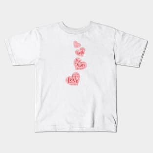 Four Small Cascading Word Cloud Hearts Kids T-Shirt